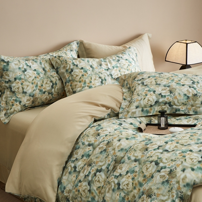 91家纺网 家纺一手货源 找家纺 顾家家居 2025新款莱塞尔兰精天丝印花四件套 青梧