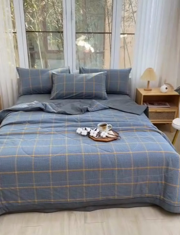 91家纺网 家纺一手货源 找家纺 柠萌家居 2025新款全棉色织水洗棉棉花夏被四件套里外全棉 夏凉被被子被芯 瓦尔灰