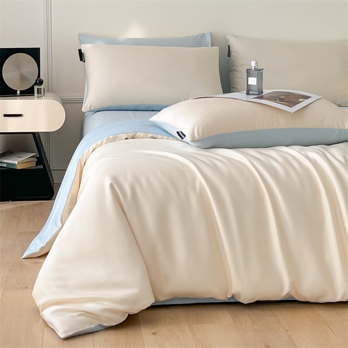 91家纺网 家纺一手货源 找家纺 笙意家纺 2025新款水洗真丝简约时尚四件套-简爱系列 简爱-奶昔白+天空蓝