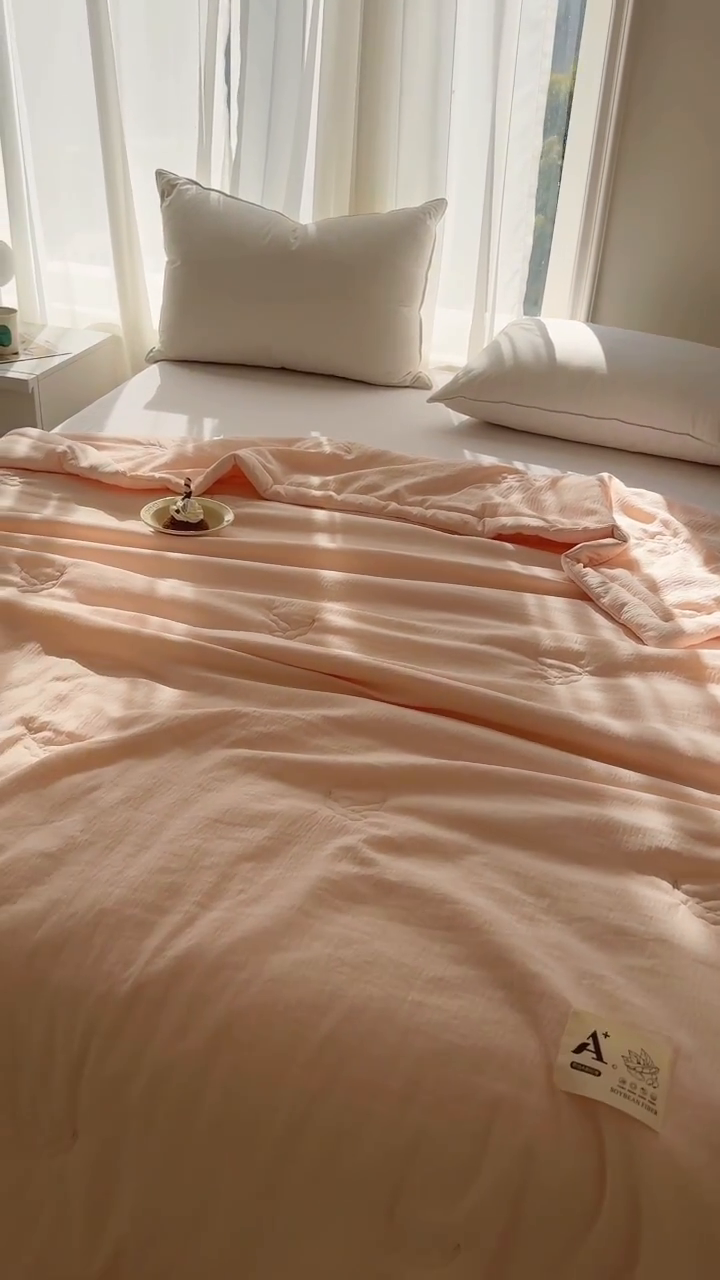 91家纺网 家纺一手货源 找家纺 佰亿莱 佰亿莱 2025新款母婴级无印风超柔宝宝纱大豆夏凉被 浅杏粉