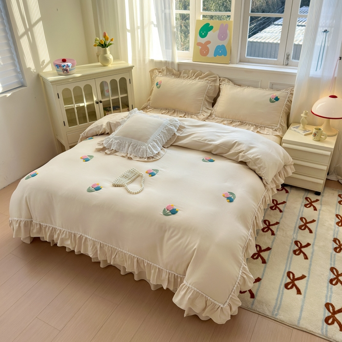 91家纺网 家纺一手货源 找家纺 淑女公社家纺 2025春夏新款全棉人字纹毛巾绣床盖款四件套-郁金香 郁金香 米白