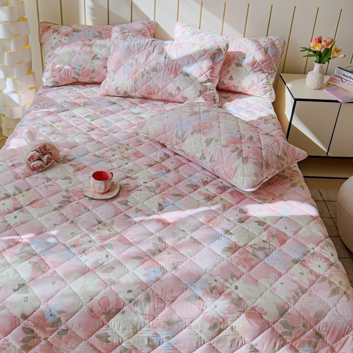 91家纺网 家纺一手货源 找家纺 U品汇 2025新品A类全棉夹棉床盖纯棉100%棉绗缝三件套炕垫褥子13372 G晚色芳莲粉