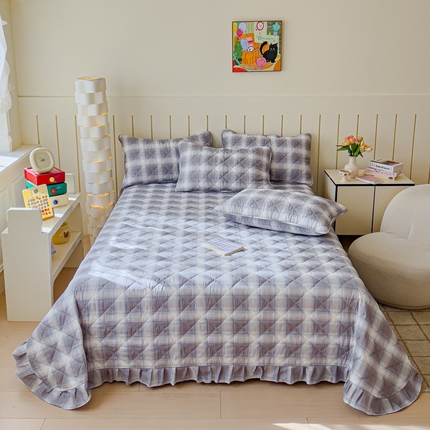 U品汇 2025新品A类全棉夹棉床盖纯棉100%棉绗缝三件套炕垫褥子13372 G摩卡条纹蓝