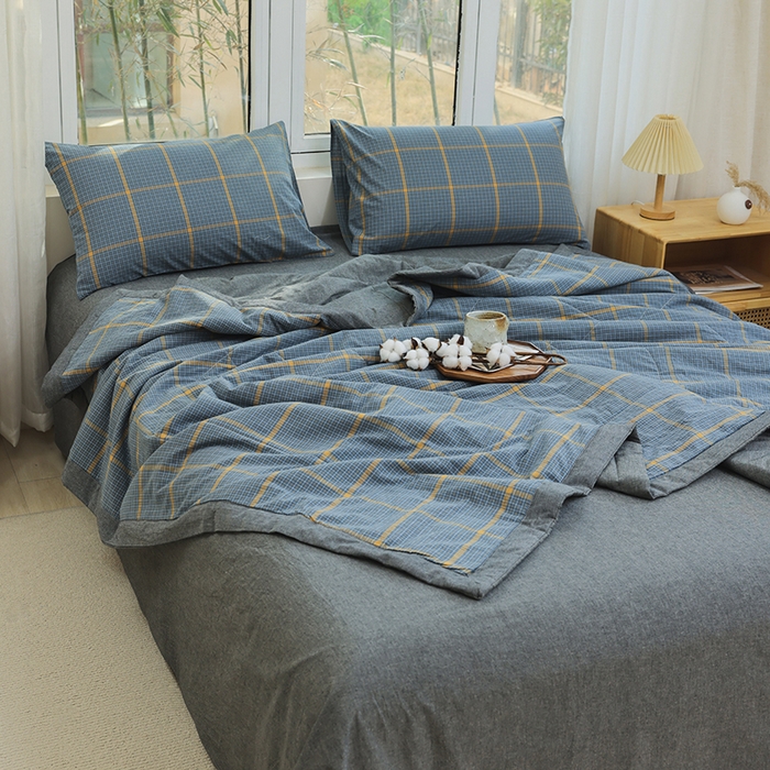 91家纺网 家纺一手货源 找家纺 柠萌家居 2025新款全棉色织水洗棉棉花夏被四件套里外全棉 夏凉被被子被芯 瓦尔灰