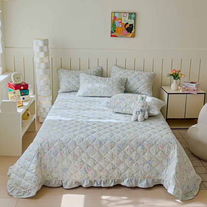 91家纺网 家纺一手货源 找家纺 U品汇 2025新品A类全棉夹棉床盖纯棉100%棉绗缝三件套炕垫褥子13372 G向云端-绿