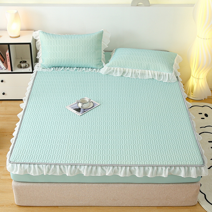 91家纺网 家纺一手货源 找家纺 伊人坊 2025新款A类凉感丝乳胶床笠凉席三件套-花边款 花边-薄荷绿