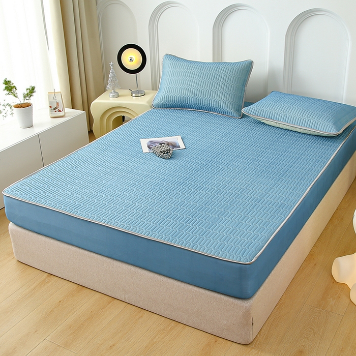 91家纺网 家纺一手货源 找家纺 伊人坊 2025新款A类凉感丝乳胶床笠凉席三件套 海洋蓝