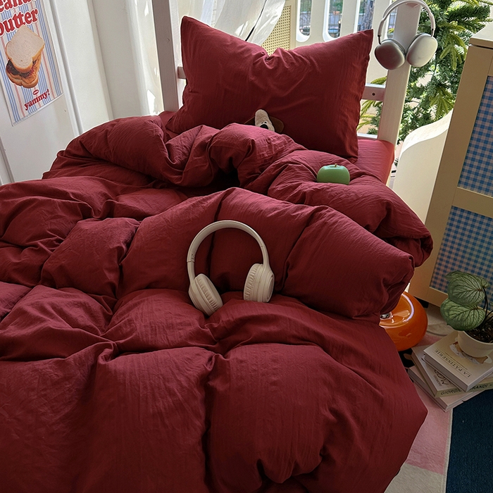 91家纺网 家纺一手货源 找家纺 阿曼达 2025新款纯色水洗m学生床单人四件套 纯色-安可拉红