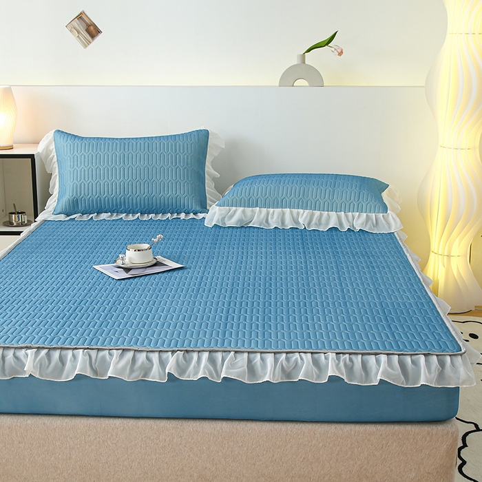 91家纺网 家纺一手货源 找家纺 伊人坊 2025新款A类凉感丝乳胶床笠凉席三件套-花边款 花边-海洋蓝