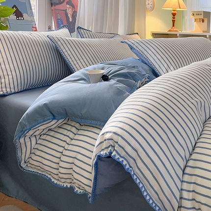 91家纺网 家纺一手货源 找家纺 莱茵家居 2025春夏新款A类贝壳边刺绣双层纱全棉四件套 贝壳边 林间-藏蓝