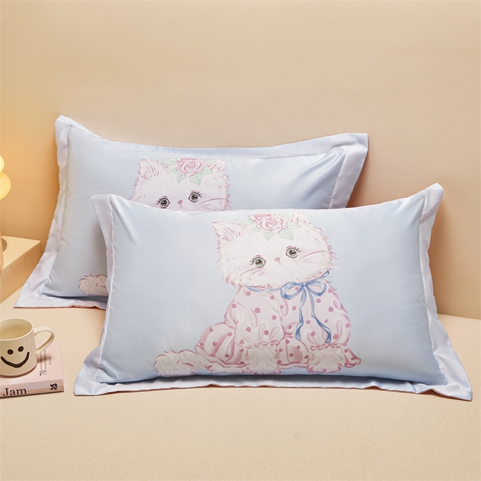 91家纺网 家纺一手货源 找家纺 笙意家纺 2025新款水洗真丝数码印花卡通枕套 可爱猫