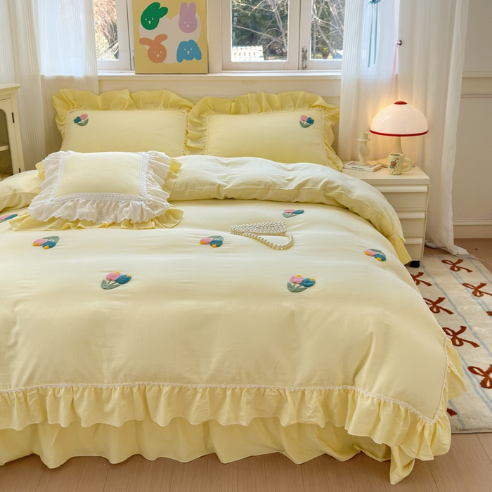 91家纺网 家纺一手货源 找家纺 淑女公社家纺 2025春夏新款全棉人字纹毛巾绣床盖款四件套-郁金香 郁金香 嫩黄