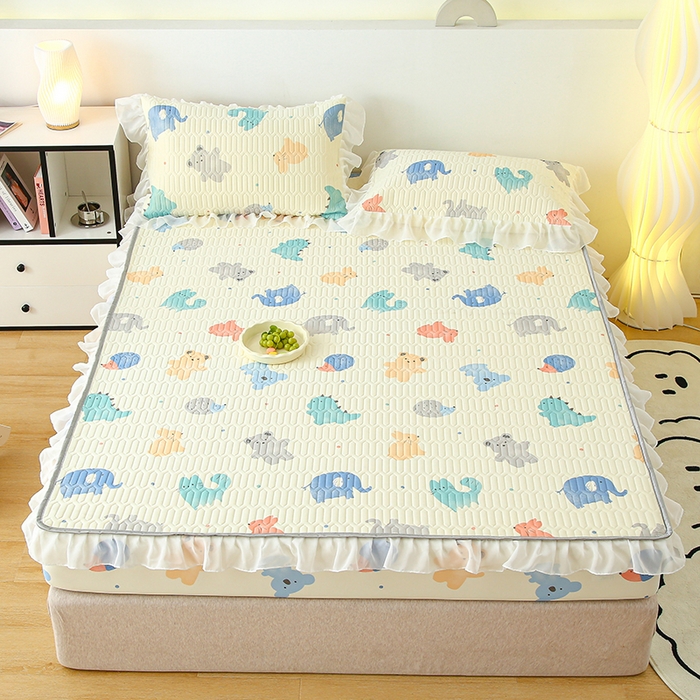 91家纺网 家纺一手货源 找家纺 伊人坊 2025新款A类凉感丝乳胶床笠凉席三件套-花边款 花边-动物园