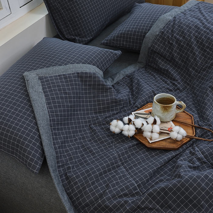 91家纺网 家纺一手货源 找家纺 柠萌家居 2025新款全棉色织水洗棉棉花夏被四件套里外全棉 夏凉被被子被芯 灰小格