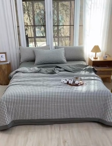 91家纺网 家纺一手货源 找家纺 柠萌家居 2025新款全棉色织水洗棉棉花夏被四件套里外全棉 夏凉被被子被芯 绿小格