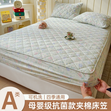 U品汇 2025新款A类全棉夹棉防水床笠床罩单件隔尿透气床垫加厚防尘可水洗保护套 向云端绿