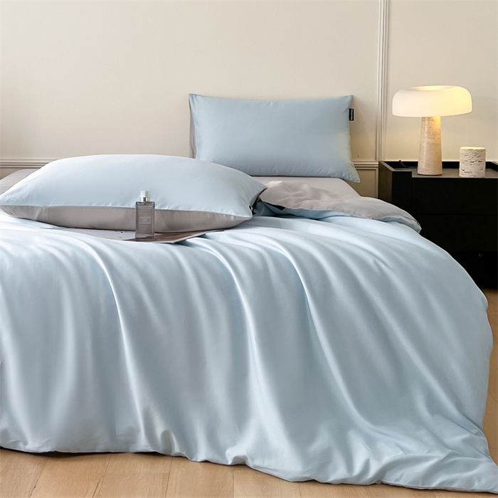 91家纺网 家纺一手货源 找家纺 笙意家纺 2025新款水洗真丝简约时尚四件套-简爱系列 简爱-天空蓝+山灰