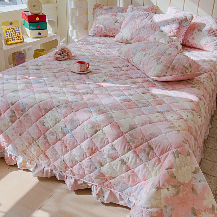 91家纺网 家纺一手货源 找家纺 U品汇 2025新品A类全棉夹棉床盖纯棉100%棉绗缝三件套炕垫褥子13372 G晚色芳莲粉