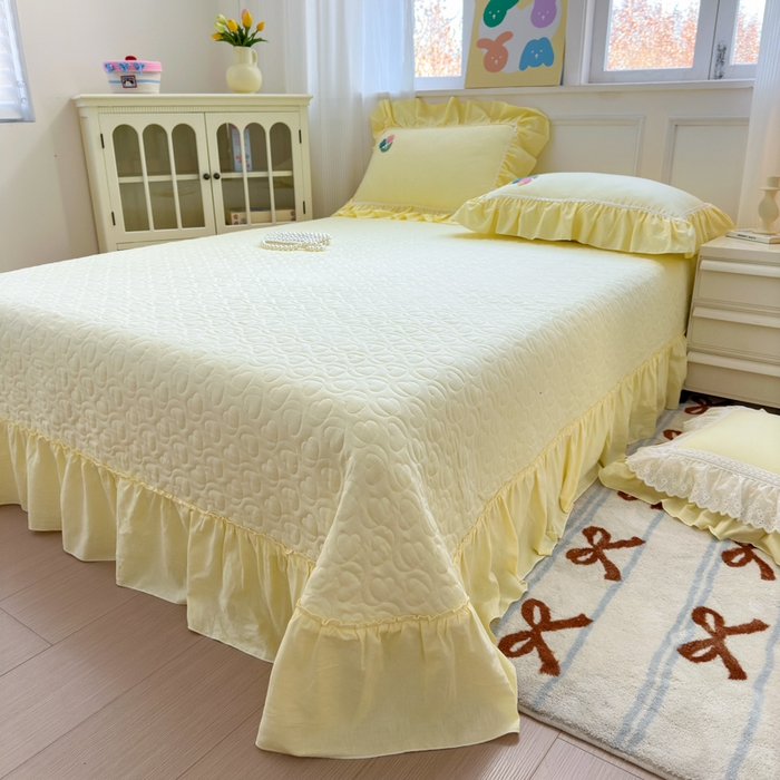 91家纺网 家纺一手货源 找家纺 淑女公社家纺 2025春夏新款全棉人字纹毛巾绣床盖款四件套-郁金香 郁金香 嫩黄