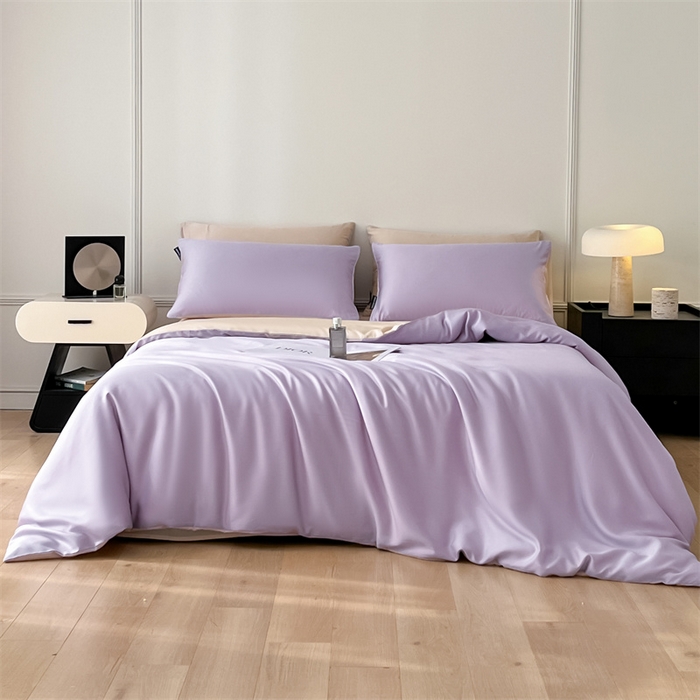 91家纺网 家纺一手货源 找家纺 笙意家纺 2025新款水洗真丝简约时尚四件套-简爱系列 简爱-星黛紫+梧桐杏