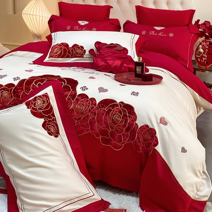 91家纺网 家纺一手货源 找家纺 （总）千禧家纺 2025新款双面长绒棉轻奢工艺款刺绣婚庆套件（贵妃枕非图上所展示款）