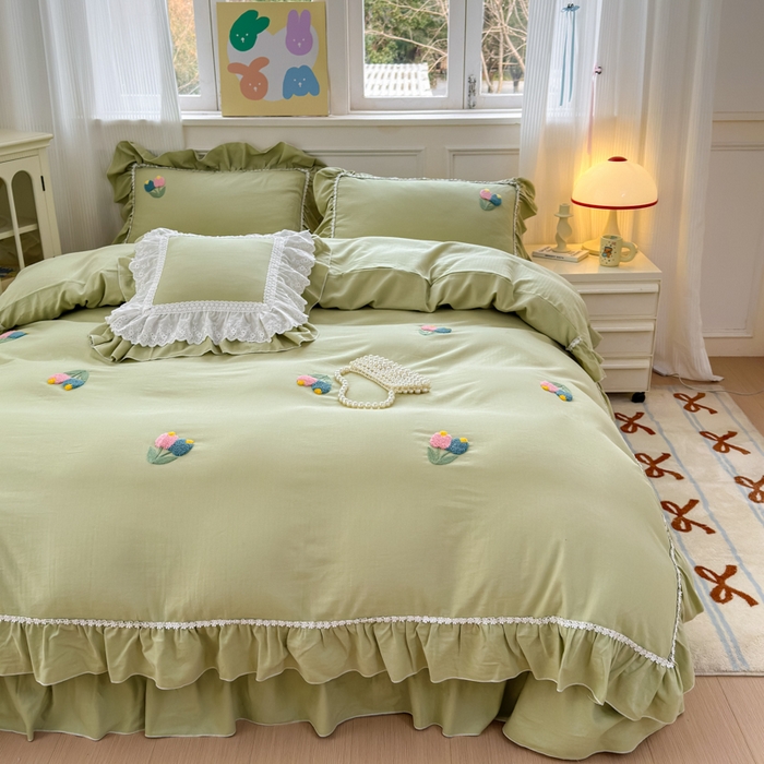 91家纺网 家纺一手货源 找家纺 淑女公社家纺 2025春夏新款全棉人字纹毛巾绣床盖款四件套-郁金香 郁金香 牛油果绿