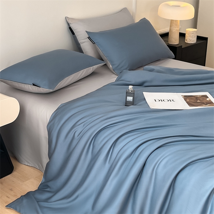 91家纺网 家纺一手货源 找家纺 笙意家纺 2025新款水洗真丝简约时尚四件套-简爱系列 简爱-宾利蓝+山灰