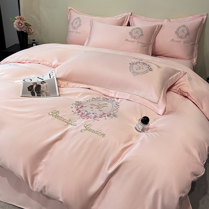 91家纺网 家纺一手货源 找家纺 金阳光 2025新款大花轻奢刺绣款水洗天丝四件套 挪威-贝壳粉