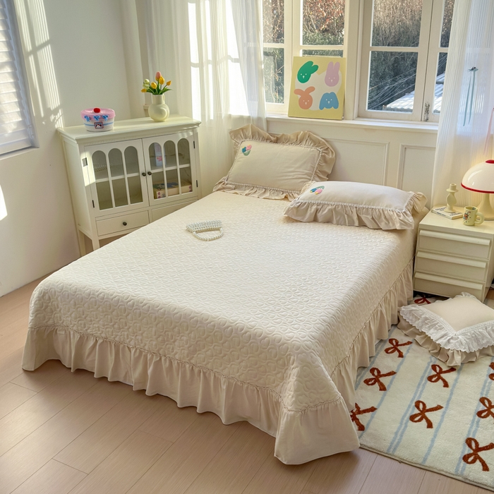 91家纺网 家纺一手货源 找家纺 淑女公社家纺 2025春夏新款全棉人字纹毛巾绣床盖款四件套-郁金香 郁金香 米白