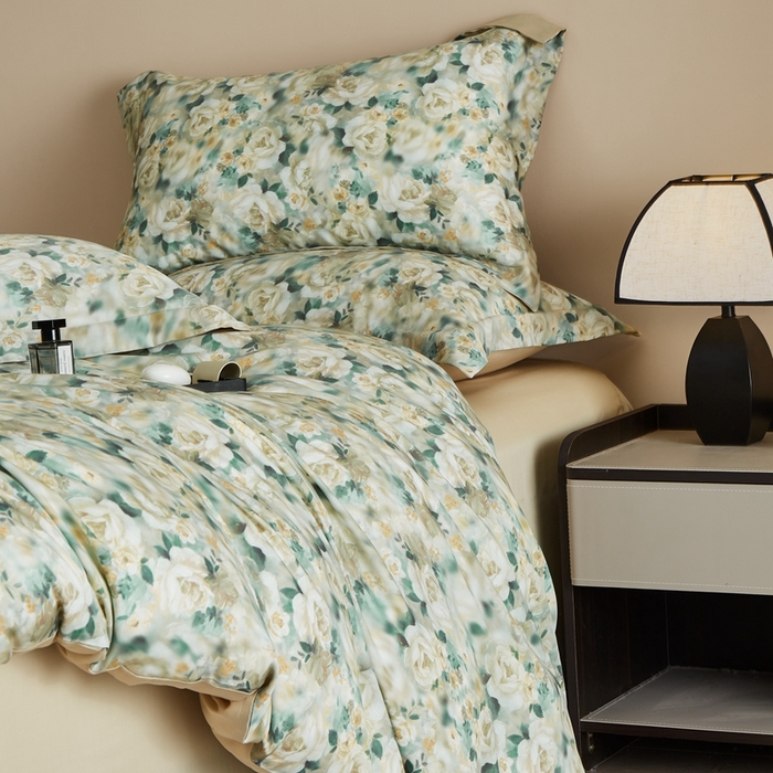 91家纺网 家纺一手货源 找家纺 顾家家居 2025新款莱塞尔兰精天丝印花四件套 青梧