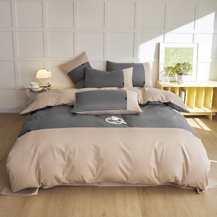 91家纺网 家纺一手货源 找家纺 慕希2025新款13372全棉拼色正拼四件套系列-简尚 简尚-棕灰