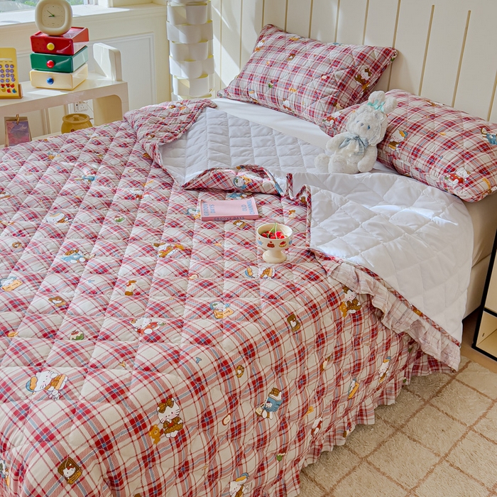 91家纺网 家纺一手货源 找家纺 U品汇 2025新品A类全棉夹棉床盖纯棉100%棉绗缝三件套炕垫褥子13372 G猫咪酱-红