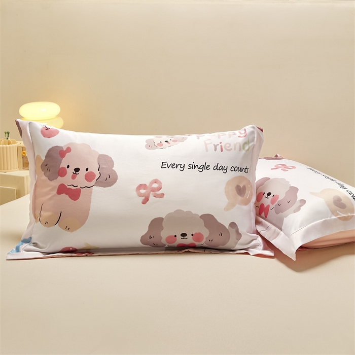 91家纺网 家纺一手货源 找家纺 笙意家纺 2025新款水洗真丝数码印花卡通枕套 快乐小狗