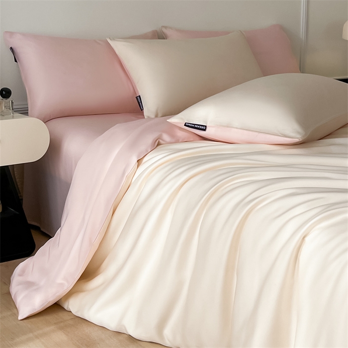 91家纺网 家纺一手货源 找家纺 笙意家纺 2025新款水洗真丝简约时尚四件套-简爱系列 简爱-奶昔白+奶油粉