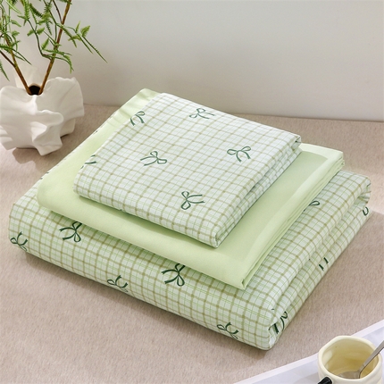 91家纺网 家纺一手货源 找家纺 织写 2025新款A类双层纱针织棉四件套床单四件套床单四件套小清新四件套 蝴蝶结-绿