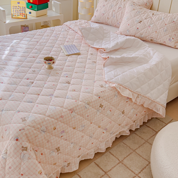 91家纺网 家纺一手货源 找家纺 U品汇 2025新品A类全棉夹棉床盖纯棉100%棉绗缝三件套炕垫褥子13372 G甜美梦境粉