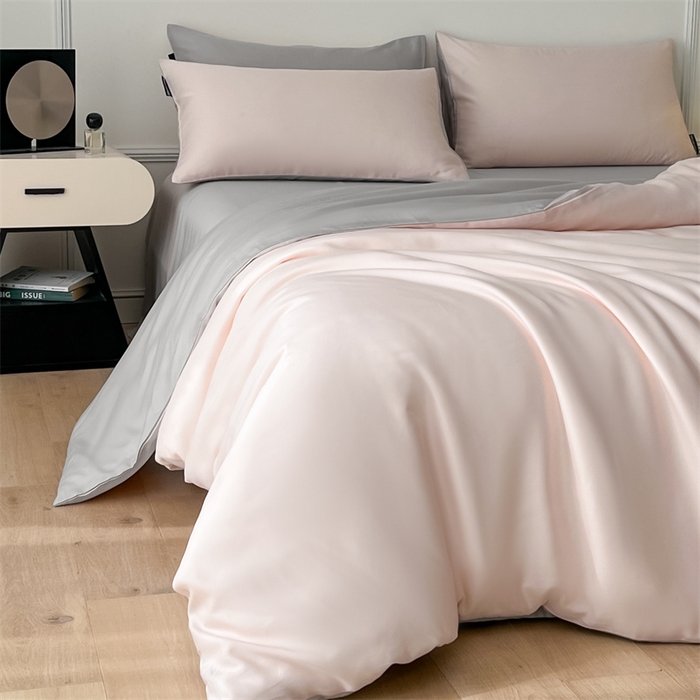 91家纺网 家纺一手货源 找家纺 笙意家纺 2025新款水洗真丝简约时尚四件套-简爱系列 简爱-奶油粉+山灰