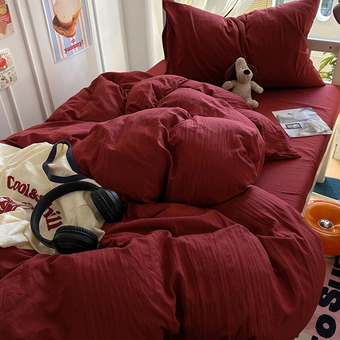 91家纺网 家纺一手货源 找家纺 阿曼达 2025新款纯色水洗m学生床单人四件套 纯色-安可拉红