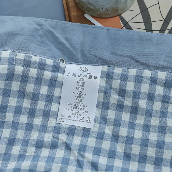91家纺网 家纺一手货源 找家纺 柠萌家居 2025新款全棉色织水洗棉棉花夏被四件套里外全棉 夏凉被被子被芯 浅蓝小格