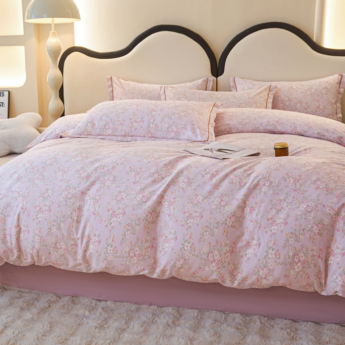 91家纺网 家纺一手货源 找家纺 棉乐町家居 2025新款全棉小清新人字纹四件套 樱花粉