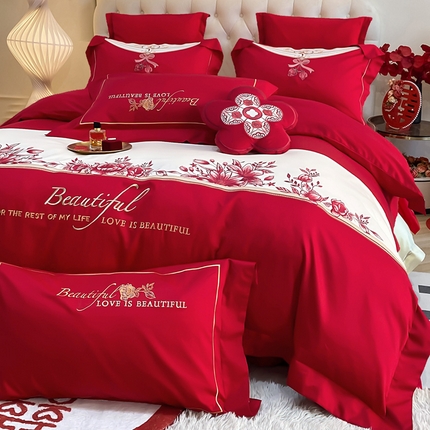 91家纺网 家纺一手货源 找家纺 （总）千禧家纺 2025新款双面长绒棉轻奢工艺款刺绣婚庆套件（贵妃枕非图上所展示款）