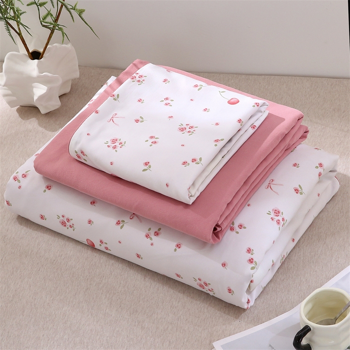 91家纺网 家纺一手货源 找家纺 织写 2025新款A类双层纱针织棉四件套床单四件套床单四件套小清新四件套 红色樱桃