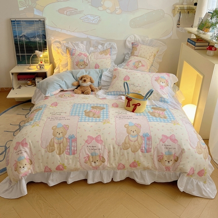 2025纯棉韩版花边奶油可爱卡通少女萝莉洛丽塔系列全棉卡通四件套 棉花边-宝贝蝴蝶结熊