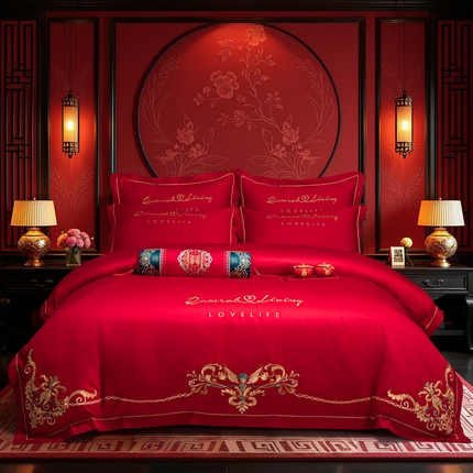 花愿（原花纪） 2025新款全棉婚庆刺绣款四件套 花好月圆