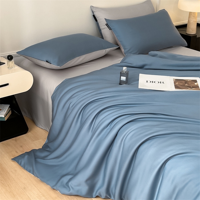 91家纺网 家纺一手货源 找家纺 笙意家纺 2025新款水洗真丝简约时尚四件套-简爱系列 简爱-宾利蓝+山灰