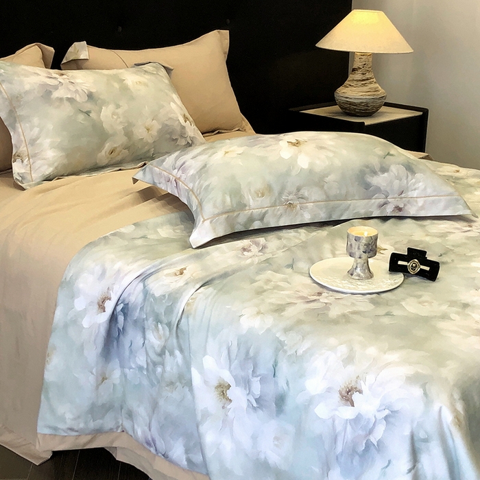 91家纺网 家纺一手货源 找家纺 立奥被业 2025新款雪纺纱夏被超柔数码印花夏被雪纺夏凉被 慕妆-米灰