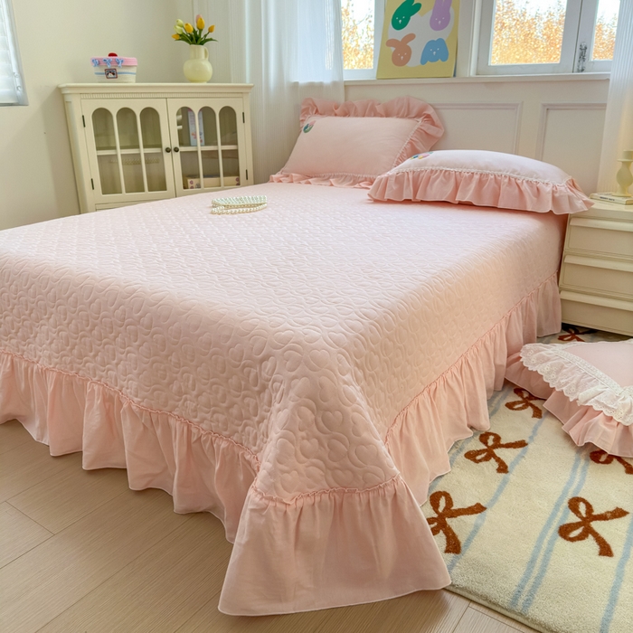 91家纺网 家纺一手货源 找家纺 淑女公社家纺 2025春夏新款全棉人字纹毛巾绣床盖款四件套-郁金香 郁金香 淡粉