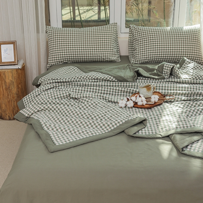 91家纺网 家纺一手货源 找家纺 柠萌家居 2025新款全棉色织水洗棉棉花夏被四件套里外全棉 夏凉被被子被芯 绿小格