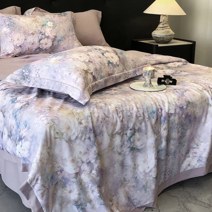 91家纺网 家纺一手货源 找家纺 立奥被业 2025新款雪纺纱夏被超柔数码印花夏被雪纺夏凉被 甜心小姐-灰紫