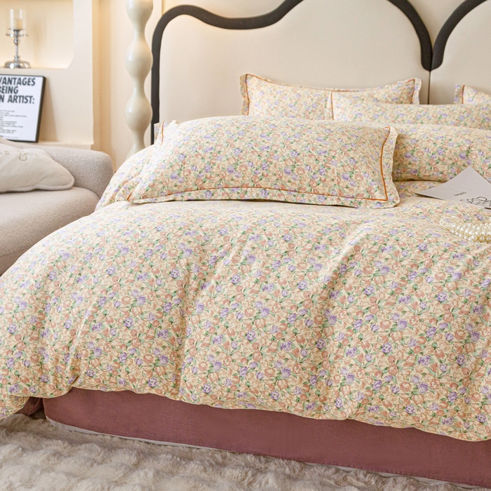 91家纺网 家纺一手货源 找家纺 首爱家纺 2025新款全棉四件套小清新人字纹四件套纯棉四件套 郁金香